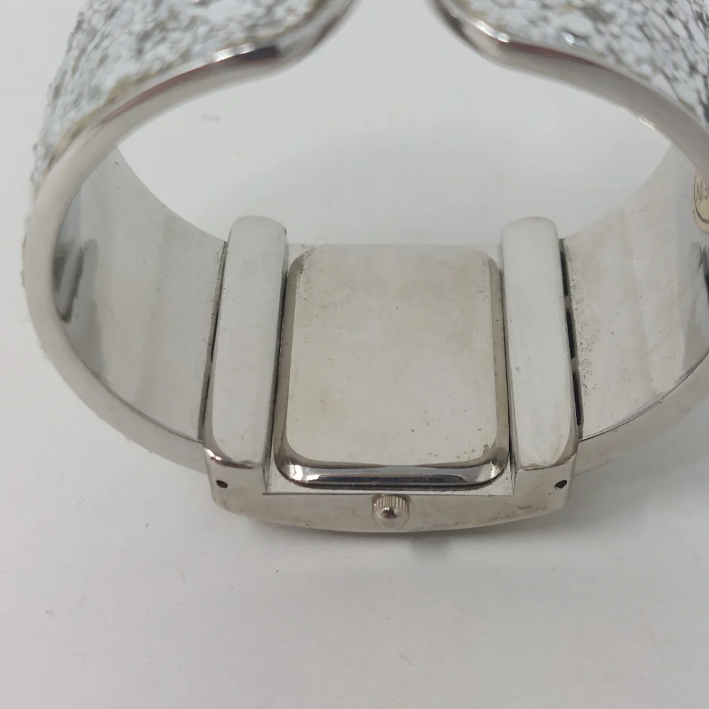 Pierre Nicol Silver Sequin Sparkly Watch Cuff Bracelet Square Face Glam Bling